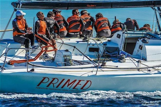 Skipper Mauro Mocchegiani is the picture of concentration as he steers Rush Diletta during the D-Marin Farr 40 Sibenik Regatta that concluded Saturday © Sara Proctor